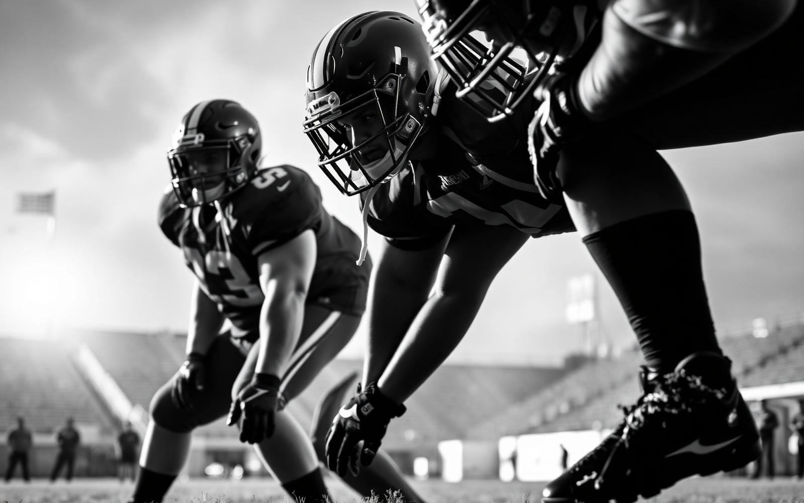 Offensive linemen in three-point stance